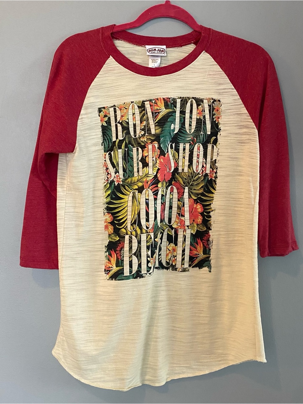 Ron Jon Surf Shop Red-Sleeve Raglan Tee with Tropical Print Cocoa Beach